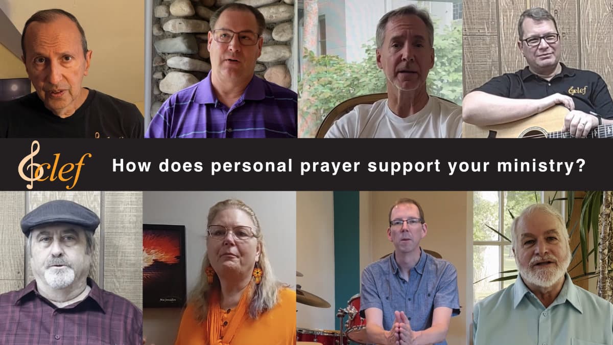 Photos of board members and supports who talk about personal prayer in music ministry in this video.