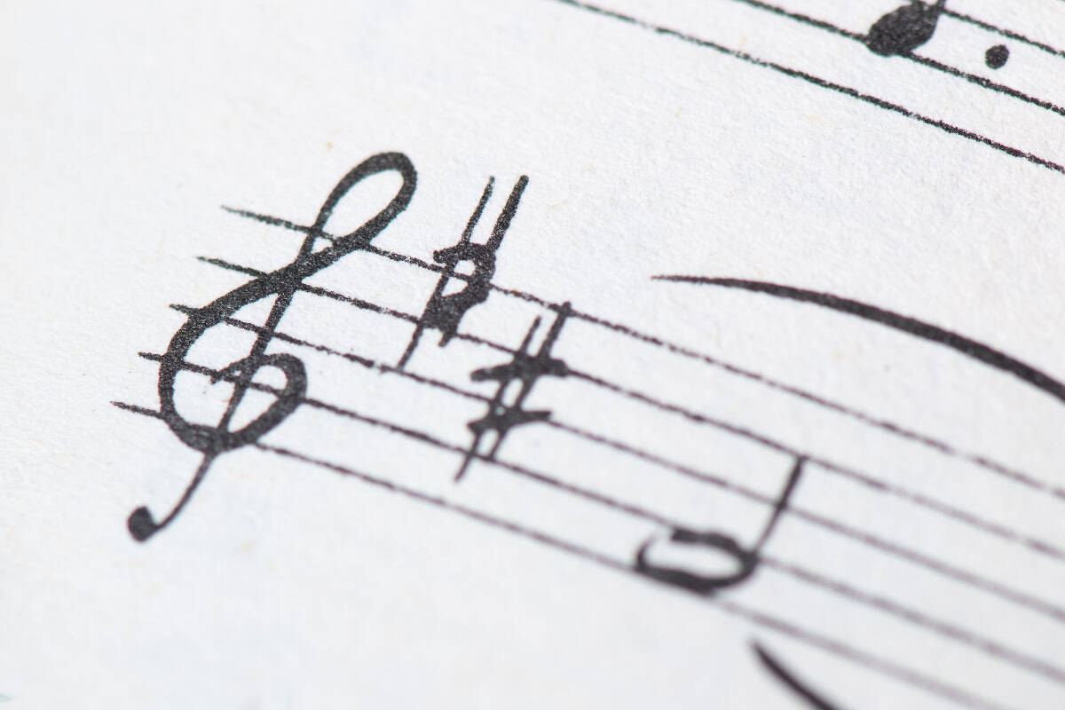 Photo of treble clef with two sharps and the beginning notes of music to illustrate music theory basics
